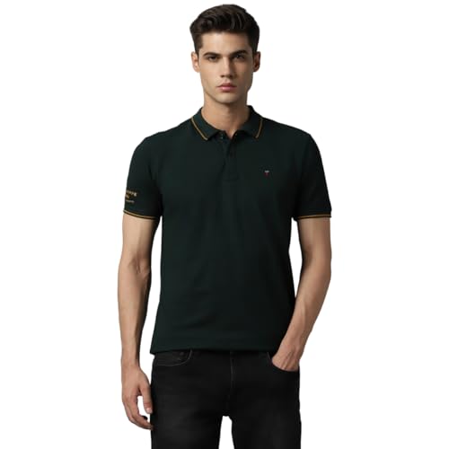 Image of Louis Philippe Men's Slim Fit Single-Tuck Pique Stylized Sleeve Print and Contrast Tipping Half Sleeve Solid Polo Tshirt
