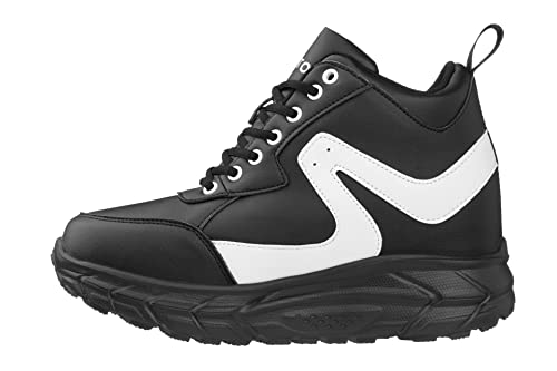CALTO Men's Invisible Height Increasing Elevator Shoes - Black/White Lace-up High-Top Hiking Style Sneaker Boots - 4 Inches Taller - S22772 - Size 12 D(M) US3