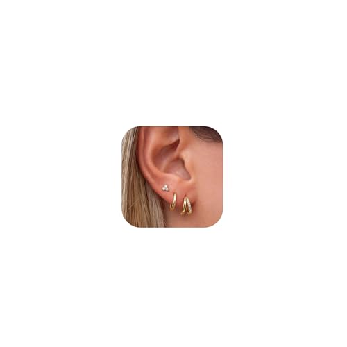 Dochais 3 Paar 14K Vergoldete Ohrringe Set - Ohrstecker Klein, Creolen, Doppel, Hypoallergen, Zirkonia, Schlafen Knorpel für Damen Herren