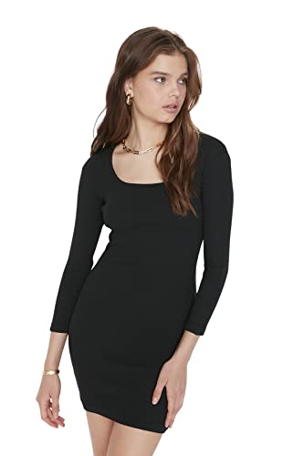 TRENDYOL Damen Schwarzes Quadratisches Kragen Bodycon Gestricktes Kleid...