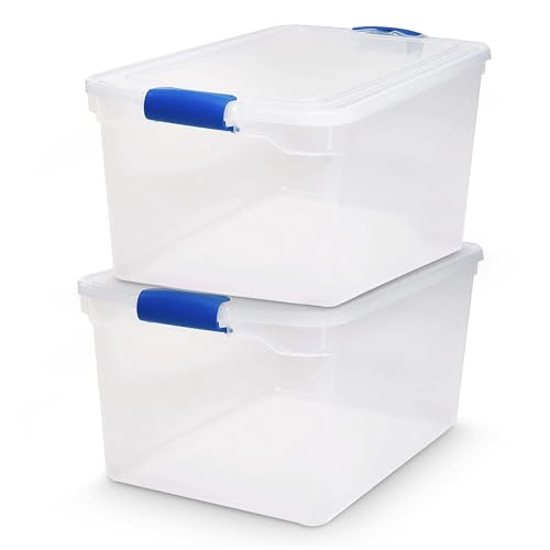 HOMZ 2-Pack Latching Lid, Large Clear Plastic Storage Bins with Lids, 66 Quart, Blue Latch – Stackable Container Boxes for Home, Bathroom, and Office Organization