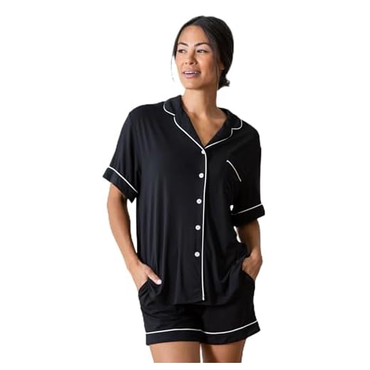 Cozy Earth Women’s Short Sleeve Pajama Set - Relaxed Fit with Adjustable Waistband & Side Pockets - Lightweight, Breathable Women’s Sleepwear Large Black