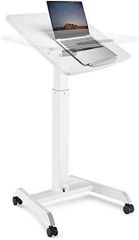 OCOMMO Height Adjustable and Tilt Laptop Stand Lectern, Workstation with Wheels, Pneumatic Adjustable Podium with Tilt Laptop Table, White