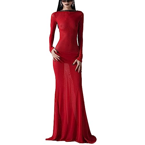 Geagodelia Robe Maxi-Longue Dos Nu en Mesh à Manches Longues, Robe Transparente Sexy Moulante en Bandage pour Soirée Cocktail Fête (Rouge, Taille Unique)