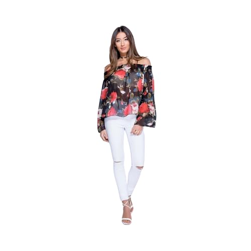 Damen Bardot Sommer-Top mit Rosendruck Gr. 34, Schwarz