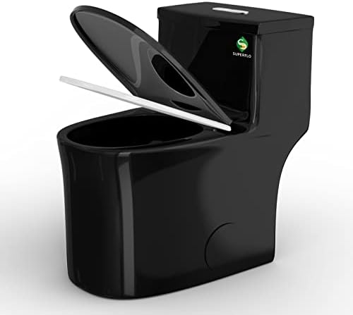 SUPERFLO 17.3" Black Toilet Elongated One Piece Toilet Square Tall Toilets For Bathroom with S-Trap Rough in 12 Inch Toilet & Soft Close Toilet Seat,0.8/1.28 GPF Dual Flush Toilet(Pre-install)