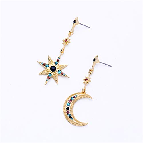 HMOOY Bohemian Moon Star Asymmetrical Dangle Hoop Earrings Crystal Moon and Sun Drop Stud Long Earrings Retro Exquisite Punk Style Accessories Jewelry for Women Girls (Gold-C)