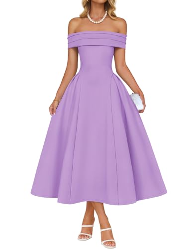 Image of ZESICA Summer 2026 Cocktail Dresses for Women's Off Shoulder Short Sleeve Swing A Line Wedding Evening Party Midi Dress