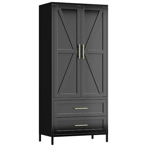 Image of Aobabo Metal Wardrobe Cabinet with 2 Drawers, 71 inch H Metal Wardrobe Closet with Adjustable Shelf and Hanging Rod for Home, Laundry Room, Black,Installation Required