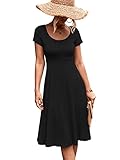 SheIn Damen Elegant Kleid A Linie Knielang Freizeitkleid Faltenkleid Midikleid Einfarbig Sommerkleid Cocktailkleid mit U Ausschnitt Schwarz S