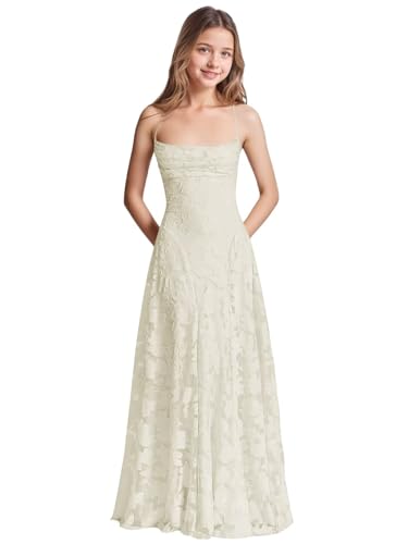 Qgeno Light Champagne Jr Bridesmaid Dresses for Wedding Size 14-16 Long Floral Flower Girl Dress Lace Teen Prom Formal Party Gowns