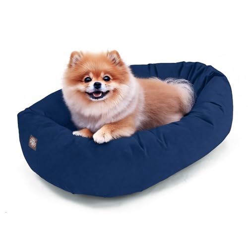Image of Majestic Pet Suede Shredded Memory Foam Mix Calming Dog Bed Washable - Cozy Soft Round Dog Bed with Spine for Head Support - Fluffy Donut Dog Bed, 24 Inch, Navy