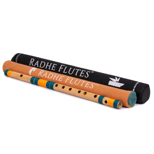 Image of Radhe Flutes Bamboo Bansuri C Sharp Right Handed Middle Octave (18 inch) With Hard Cover (Beige Flute With Dark Green & Orange Threads)