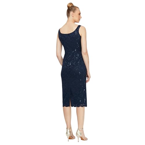 Image of S.L. Fashions Women's Tea Length Sequin Lace Mother of The Bride Dress with Illusion Sleeve Jacket