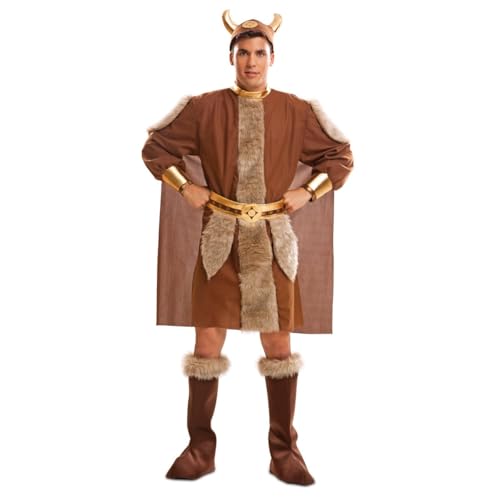 My Other Me - Disfraz para hombre adulto de Vikingo marrón con vestido con capa, cinturón, cubrebotas y casco talla XL. Desata tu espíritu guerrero en cada fiesta