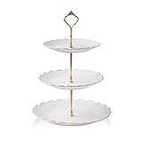 Sweejar Home 3-stöckiger Cupcake-Ständer aus Porzellan, geprägt, elegant, Dessert-Kuchenständer, Servierständer für Teeparty, Hochzeit und Geburtstag (geprägtes Weiß)