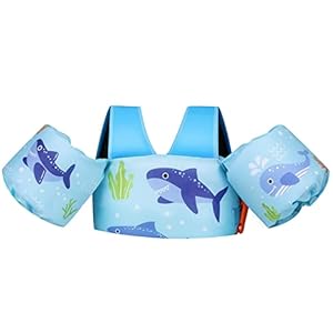 MoKo Swim Vest Arm Bands for Kids, Swimming Arm Floaties with Whistle Inflatable Floater Tube Water Wings with Shoulder Harness Sea Pool Water Supply Children Swim Training Equipment, Blue & Shark