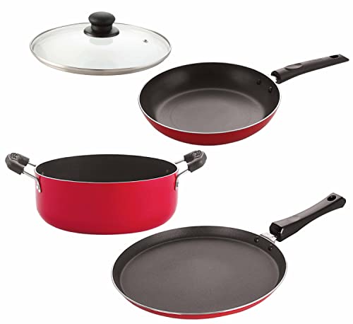 Image of Nirlon Aluminium Non-Stick Coated Oil Free with bakelite Handle Cookware Combo Set - 4 Pieces (Flat Tawa|Tapper Pan|Casserole|1 Glass Lid)-32mm FT13 TP24 CS14 1GLID