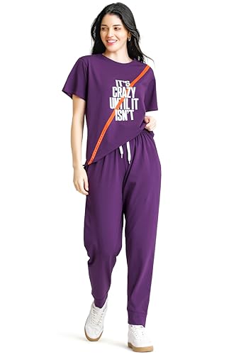Image of ZEYO Night Suit for Women's Typography Printed Cotton Night Dress of Top and Joggers