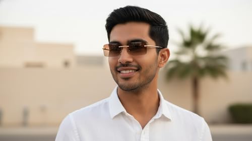 Image of Dervin UV Protected Retro Rectangular Rimless Sunglasses with Spring Hinges for Men and Women