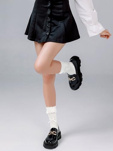 Image of Fourluoo Womens Lace Ankle Socks Classic Black and White Ruffle Frilly Socks Mesh Lace Sexy Trim Lolita Stockings for Women