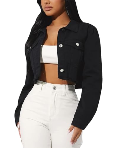 Women's Button Down Jacket Long Sleeve Cropped Top Denim Jeans Coat