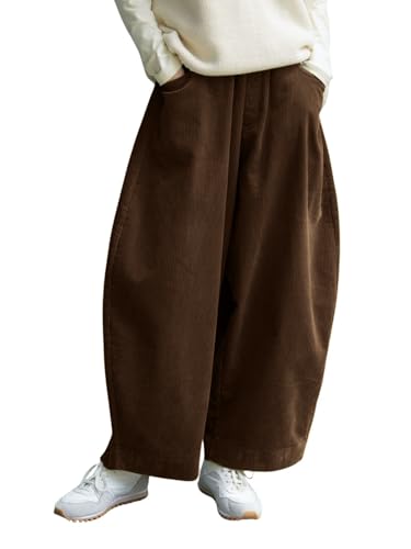 CHARTOU Women Corduroy Barrel Pants Wide Leg Vintage Mid Rise Y2k Baggy Boyfriend Pants (Large, Brown)