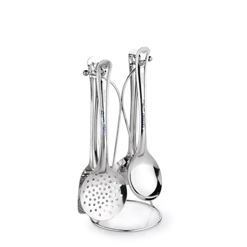 Image of Crystal Stainless Steel Cooking & Serving Spoon Set | 5 Pcs Set | Ladle,Oval Server,Skimmer, Spatula and Stand