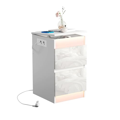 ChromaCasa Comodino con Presa Elettrica, Comodino da Letto Bianco a