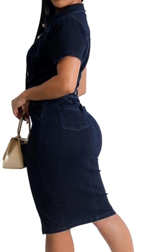Image of SeNight Women Denim Dresses Elegant Sexy Short Sleeve Jean Party Dress