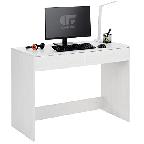 COMIFORT Bureau Lavelle, Table d'ordinateur pour Jeunes avec 2 tiroirs, Surface spacieuse Finition mélamine, Table de Bureau multifonctionnelle, Blanc Nordique