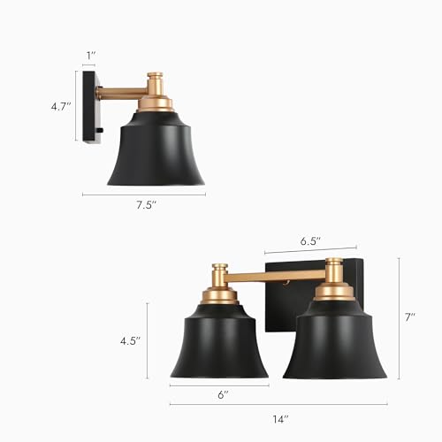 Image of KSANA Bathroom Light Fixtures, 2 Light Black and Gold Powder Room Wall Lights Over Mirror, 14 Inch Modern Farmhouse Metal Vanity Lights