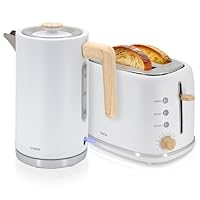 briebe Nordic Set Toaster 2 Scheiben Breite Schlitze mit Brötchenaufsatz, 6 Toast Stufen + Wasserkocher 1,7L Elektrischer 2200W Schnell Aufheizender, BPA-frei, Frühstücksset Nordisches Design, Weiß