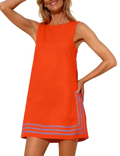 Freyhem Womens Summer Boho A-Line Mini Dress Sleeveless Sundress Color Block Beach Coverups(Orange-S)