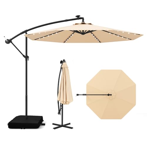 COSTWAY Parasol Déporté 3x3M, Parasol de Jardin Extérieur 40 LED Solaire avec 2 Sacs de Sable, Protection UV, Socle en Croix, Inclinable, Manivelle, pour...