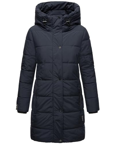 MARIKOO Damen Wintermantel warmer Steppmantel lang mit Kapuze und hohem Kragen Karumikoo XVI Navy Gr. S