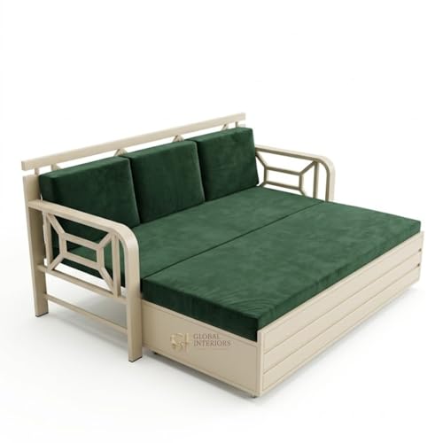 Image of Metal Frame Sofa Cum Bed with | Premium Velvet Fabric 3 Seater Pull-Out Sofa Bed | Space Saving Convertible Couch for Living Room | Modern Ivory Color Sofa Bed (6X4) | Comfortable sleeping