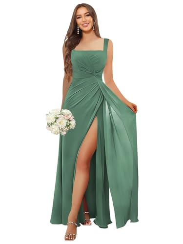 Image of HANVAIOS Square Neck Bridesmaid Dresses Long Chiffon Formal Maxi Dress with Slit