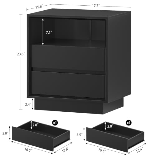 Image of TEENFON Night Stand with 2 Drawers and Open Shelf, Nightstand Bedside Table with Cut-Out Handle, End Table for Bedroom, Black, 17.7″ L x 15.7″ W x 23.6″ H