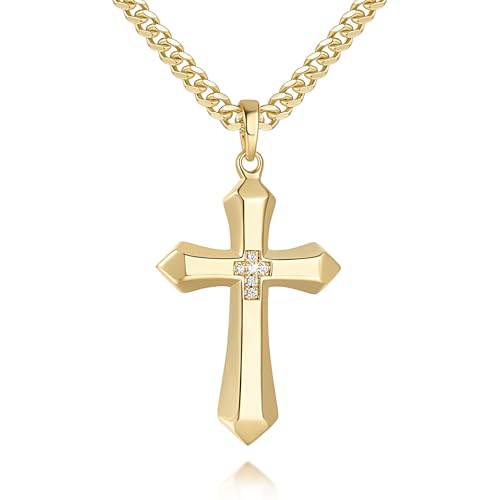 GIORGIA GIBBS Mens Cross Necklaces 14K Gold Cross Necklace for Men Gold Crosses Pendant for Mens with Cubic Zirconia Sharp Lines and Sleek Geometric Form Crosses Pendant Chain for Men 20/22 /24 Inch
