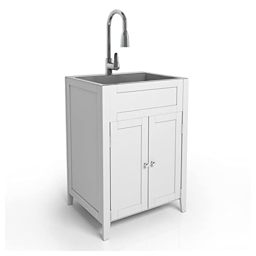 VINGLI 24-Inch Laundry Sink with Cabinet Stainless Steel Sink Faucet White Cabinet Combo for Laundry Room, Bathroom and Kitchen
