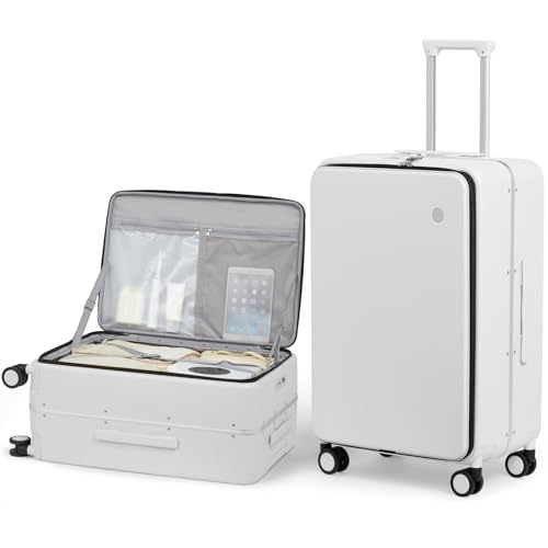Image of mixi 24 Inch Checked Luggage PC Hard Shell Suitcase Top Opening Aluminum Frame Travel Suitcases with Wheels, Smoke White