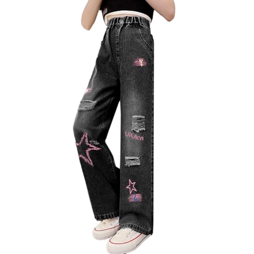 Little Girl Baggy Ripped Jeans Heart Applique High Rise Jeans Floor Length Toddler Clothes for Girls Black2