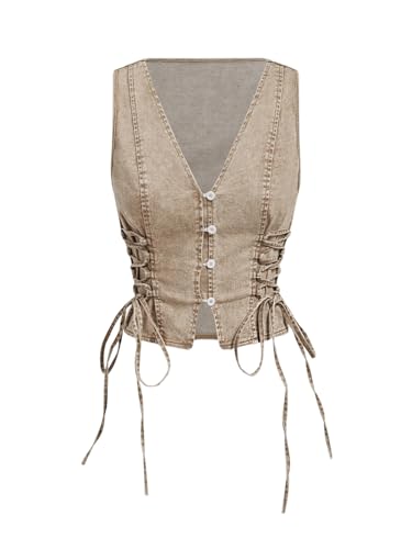 Floerns Women's Sleeveless V Neck Button Crop Vest Lace Up Front Vintage Denim Vest