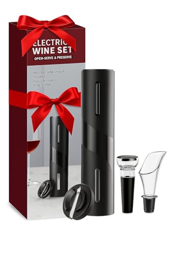 Sacacorchos eléctrico. Abridor de vino eléctrico 4 en 1, abrebotellas eléctrico, cortador hojalata, tapón al vacío y decantador antigoteo. Sacacorchos profesional. Regalos originales para hombre.