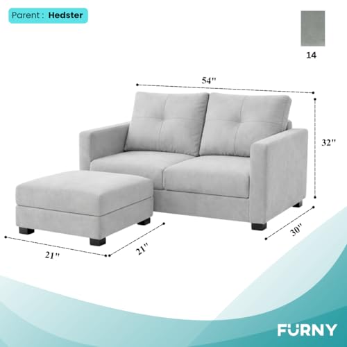 Image of FURNY Heritage 2 Seater Fabric Sofa Set with 1 Ottoman (Light Grey) with Velvet Finish | Durable Comfort | Ideal for Living Room