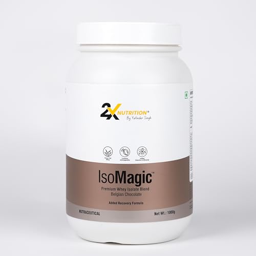 Image of 2X Nutrition Premium Whey Isolate Blend Protein Powder ISOMAGIC with Ashwagandha, 27g Protein, Low Fat & Carbs, for Faster Muscle Growth, Added Free-Form BCAA & L-Glutamine, Belgian Chocolate, 1Kg