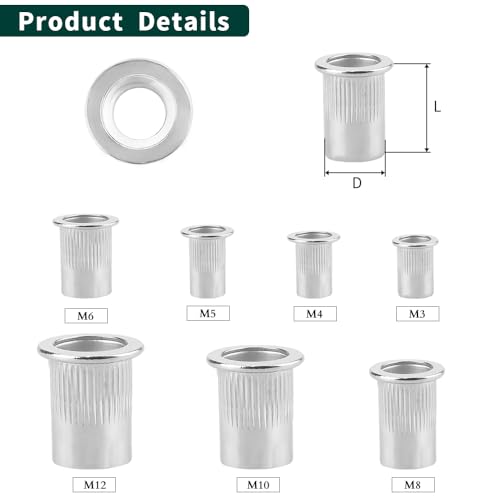 Image of M4-0.7 x 10.5mm Rivet Nut Stainless Steel 304 (18 /8), UNC Flat Head Threaded Insert Rivnuts, Knurled Body, 100 PCS