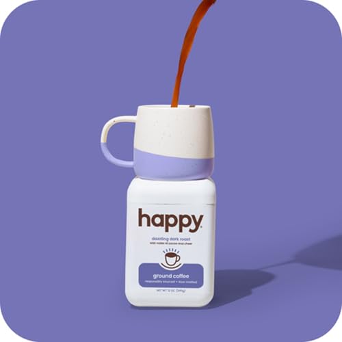 happy coffee dark roast ground coffee, 12 oz., notes of cocoa & cheer, recyclable container, grown & harvested in Brazil, Rwanda & Colombia