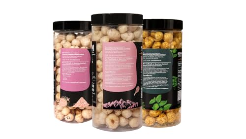 Image of H O M House Of Makhana 195g Pudina, Himalayan Salt and Pepper And Himalayan Salt Gourmet Makhana Jar Roasted in Olive Oil, Flavored Makhana Pack of 3 (65gX3)